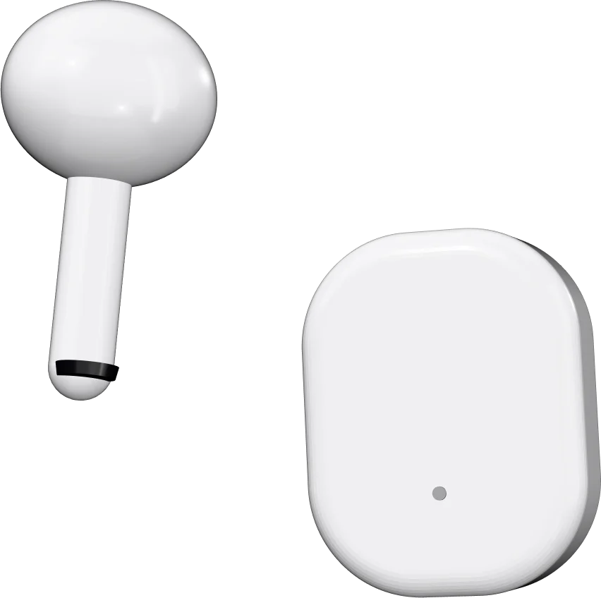 A wireless earbud, just lifted out, beside its charging case.
