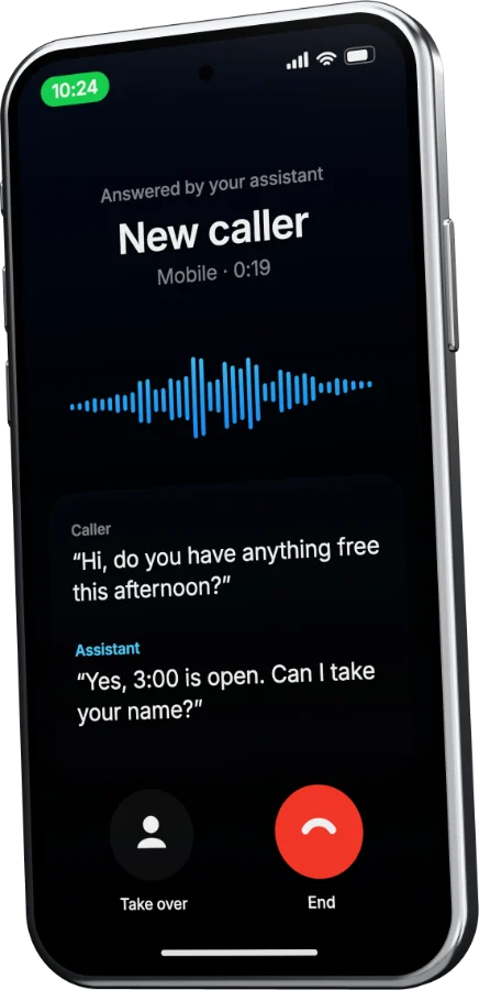 A phone mid-call, answered by the AI assistant, with a live waveform and transcript.
