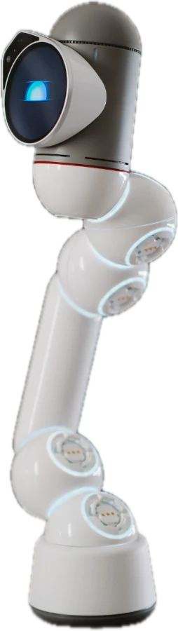 A white robotic arm, jointed from base to head.